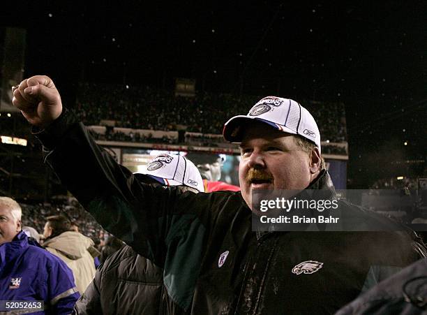 Head coach Andy Reid of the Philadelphia Eagles celebrates winning the game 27-10 over the Atlanta Falcons in the NFC Championship game at Lincoln...