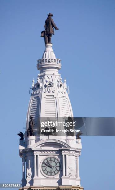 statue of william penn on philadelphia city hall clock tower - philadelphia city hall stock pictures, royalty-free photos & images