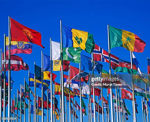 international flags at the leipziger messe - international flags stock-fotos und bilder