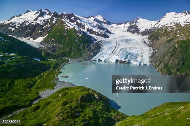 aerial of portage glacier - gletsjer stockfoto's en -beelden
