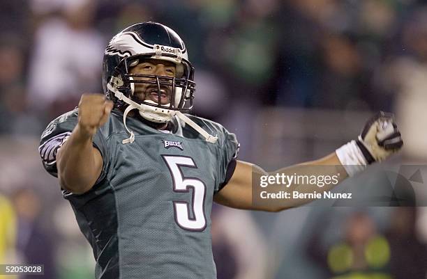 Donovan McNabb of the Philadelphia Eagles reacts against the Atlanta Falcons during the NFC Championship game at Lincoln Financial Field on January...