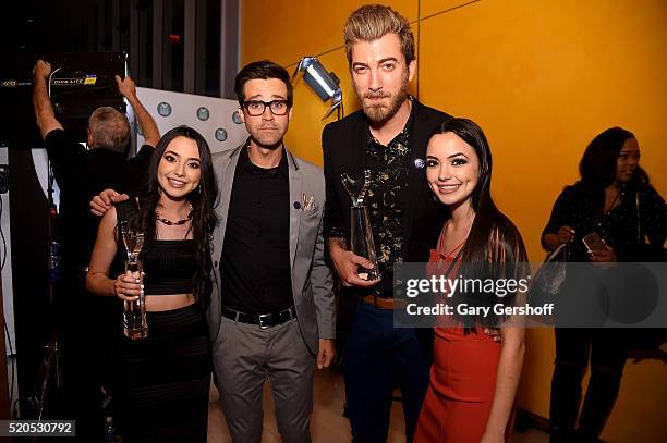 The Merrell Twins," Veronica Marrell and Vanessa Merrell, pose backstage with Charles 'Link' Neal III and Rhett McLaughlin at The 8th Annual Shorty...