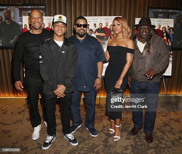 Common, Michael Rainey Jr., Ice Cube, Eve and Cedric the Entertainer attend the "Barbershop: The Next Cut" Screeing at HBO Screening Room on April...