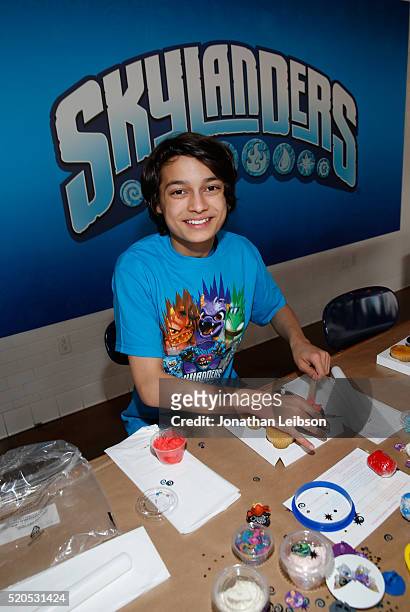 Rio Mangini helps Skylanders celebrate the fifth year of the wildly popular videogame franchise at Duff's Cakemix on April 11, 2016 in West...