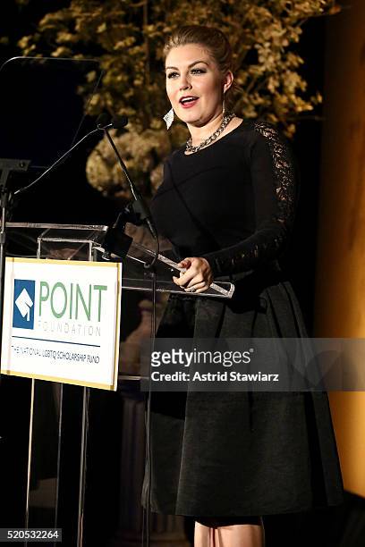 Mallory Hagan speaks onstage at Point Honors Gala honors Greg Louganis and Pete Nowalk on April 11, 2016 in New York City.