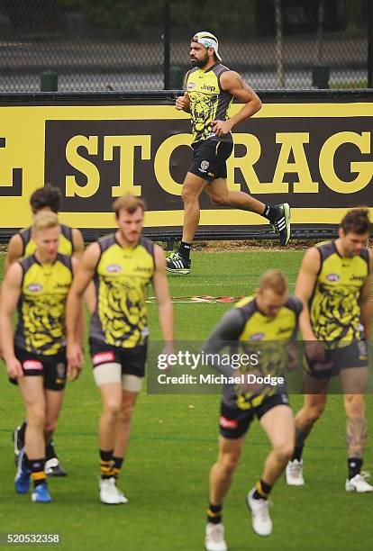 Chris Yarran of the Tigers, out due to injury, runs laps during a Richmond Tigers AFL media session at ME Bank Centre on April 12, 2016 in Melbourne,...