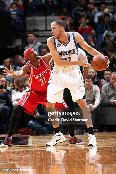 Tayshaun Prince of the Minnesota Timberwolves handles the ball during the game against the Houston Rockets on April 11, 2016 at Target Center in...