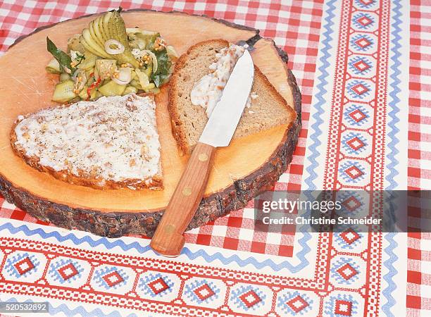 bread and dripping and gherkin on cutting board - lard stock pictures, royalty-free photos & images