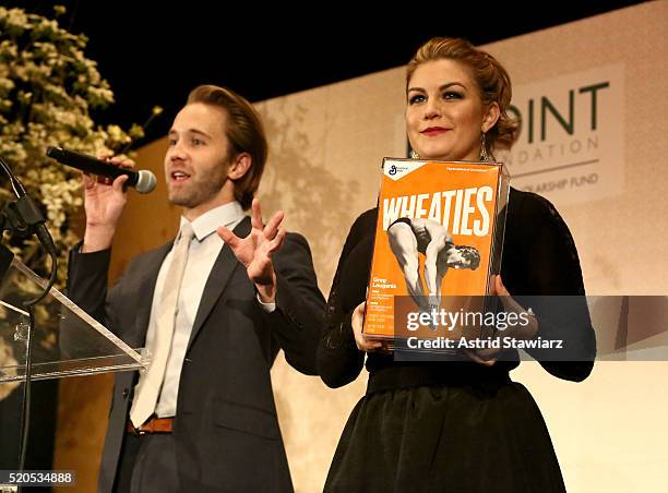Robbie Gordy and Mallory Hagan speak onstage at Point Honors Gala honors Greg Louganis and Pete Nowalk on April 11, 2016 in New York City.