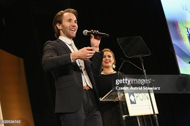 Robbie Gordy and Mallory Hagan speak onstage at Point Honors Gala honors Greg Louganis and Pete Nowalk on April 11, 2016 in New York City.