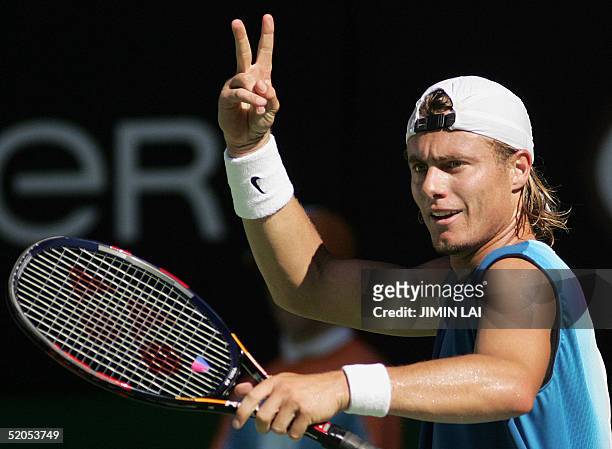 Third seed Lleyton Hewitt of Australia gestures while playing against Rafael Nadal of Spain in their men's singles fourth round match at the 2005...