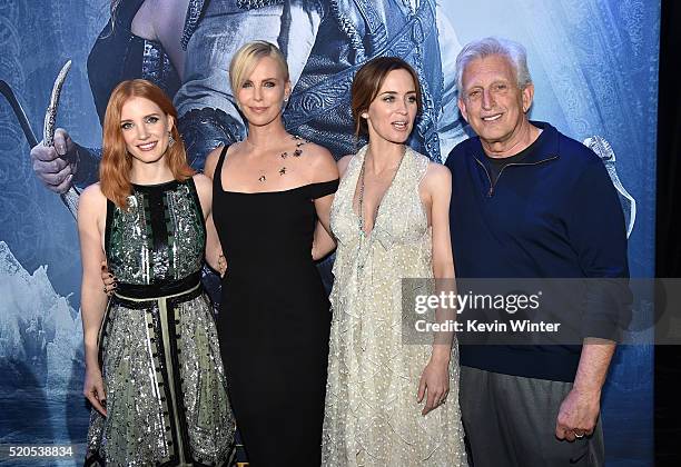 Actors Jessica Chastain, Charlize Theron Emily Blunt and producer Joe Roth attend the premiere of Universal Pictures' "The Huntsman: Winter's War" at...