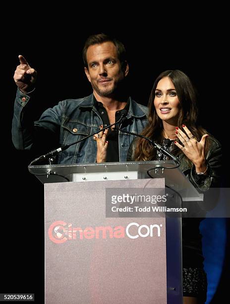 Actor Will Arnett and actress Megan Fox speak onstage during the CinemaCon 2016 Gala Opening Night Event: Paramount Pictures Highlights its 2016...