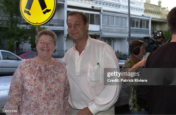 Colleen McCullough and friend pictured at the premiere of the Bette Davis produced movie "Me and Jezebel" on March 2, 2000 in Sydney, Australia.