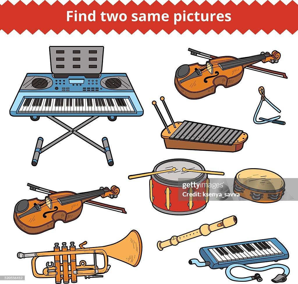Two Random Instruments Find Two Same Pictures Vector Set Of Musical Instruments High-Res ...