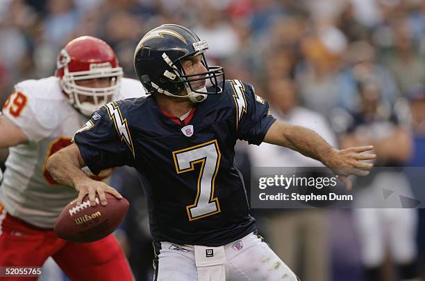 Quarterback Doug Flutie of the San Diego Chargers passes the ball against the Kansas City Chiefs during the game on January 2, 2005 at Qualcomm...