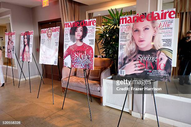 View of the Marie Claire covers at the "Fresh Faces" party, hosted by Marie Claire, celebrating the May issue cover stars on April 11, 2016 in Los...