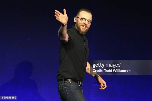 Actor Simon Pegg speaks onstage during the CinemaCon 2016 Gala Opening Night Event: Paramount Pictures Highlights its 2016 Summer and Beyond Films at...