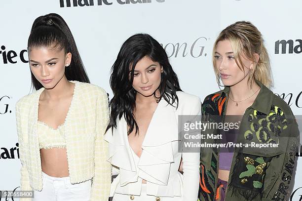 Actor Zendaya, tv personality Kylie Jenner and model Hailey Baldwin attend the "Fresh Faces" party, hosted by Marie Claire, celebrating the May issue...