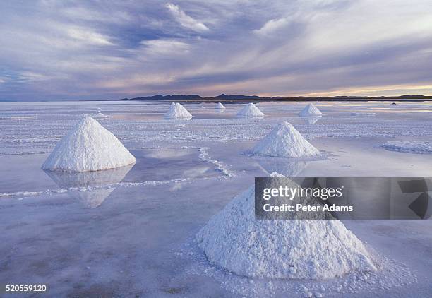 piles of harvested salt at salar de uyuni - cloud sales fotografías e imágenes de stock