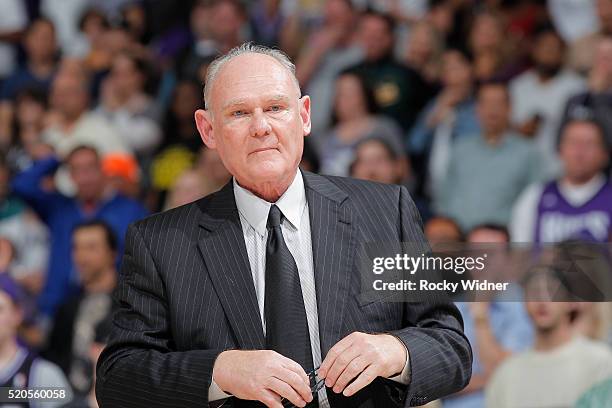 Head coach George Karl of the Sacramento Kings coaches against the Miami Heat on April 1, 2016 at Sleep Train Arena in Sacramento, California. NOTE...