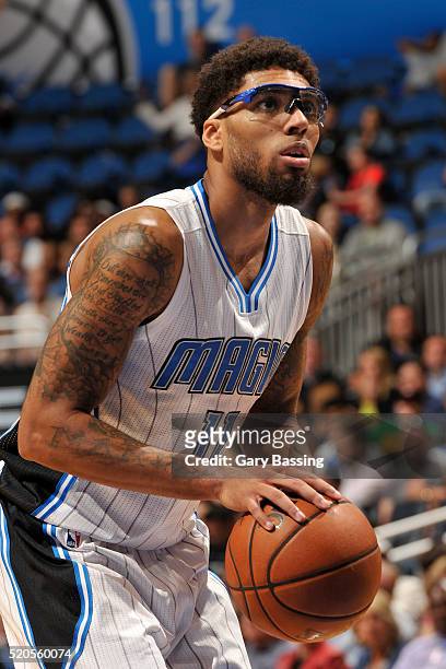 Devyn Marble of the Orlando Magic shoots against the Milwaukee Bucks during the game on April 11, 2016 at Amway Center in Orlando, Florida. NOTE TO...
