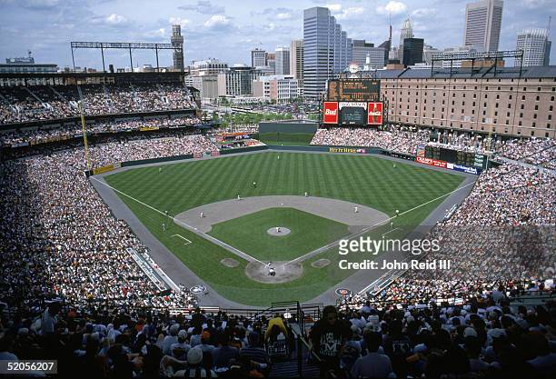 General view of Camden Yards taken during a Baltimore Orioles game against the Cleveland Indians on May 13, 1995 in Balitmore, Maryland.