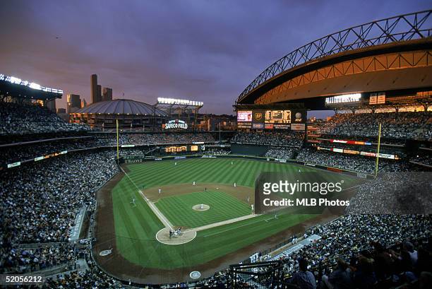 General view of Safeco Field taken during a Seattle Mariner season game on July 15, 1999 in Seattle, Washington.