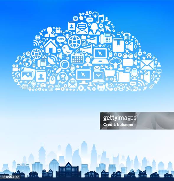 city buildings on modern tech & communication cloud - shared office stock illustrations
