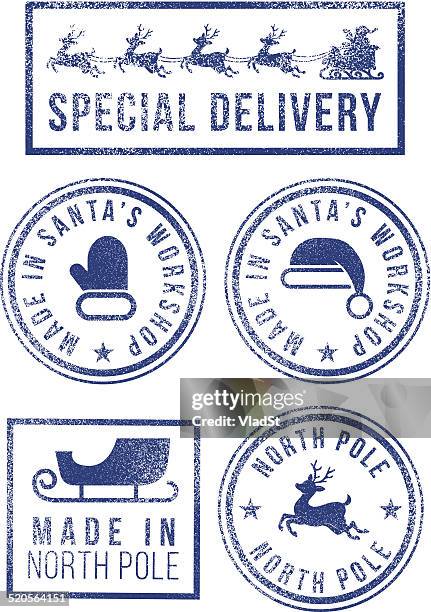 stockillustraties, clipart, cartoons en iconen met santa's made in north pole christmas rubber stamps - slee vrijetijdsapparatuur