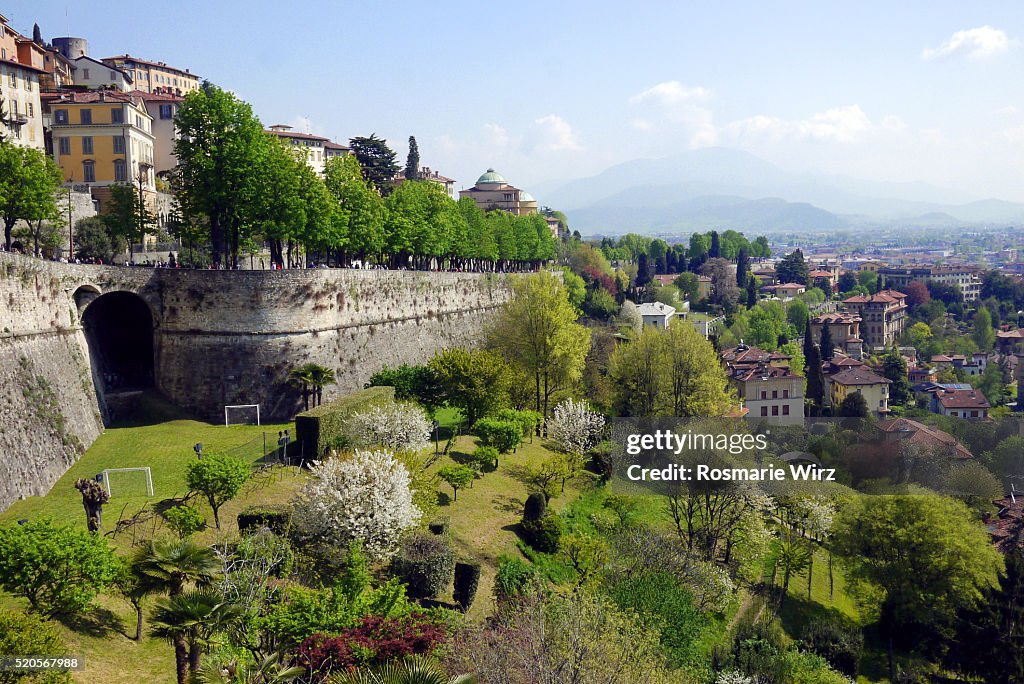 Venetian walls  in springtime in Bergamo old city