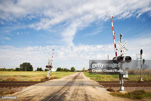 railroad tracks crossing country road - rail fotografías e imágenes de stock