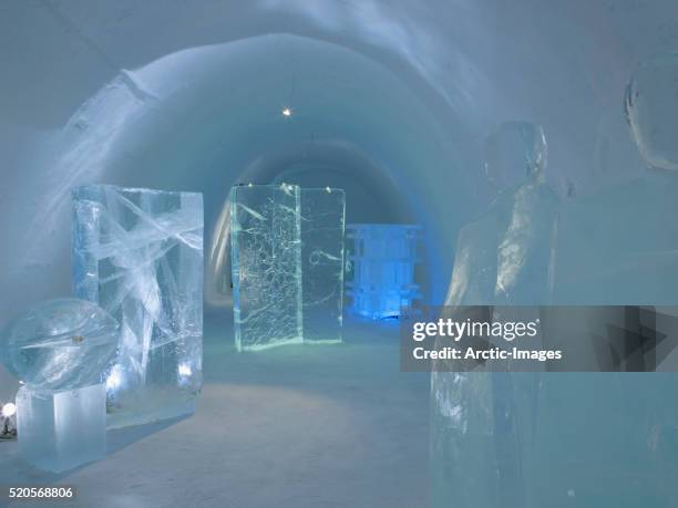 ice sculptures in icehotel - ice sculpture stock-fotos und bilder