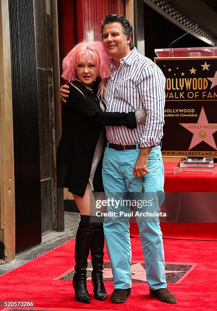Singer Cyndi Lauper and her Husband Actor David Thornton attend the ceremony to honor Cyndi Lauper and Harvey Fierstein each with a Star on The...