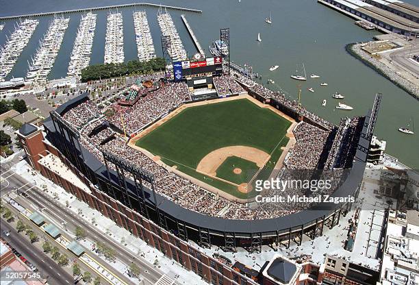 An aerial, general view of Pacific Bell Park, home of the San Francisco Giants, taken on May 18, 2002 in San Francisco, California.