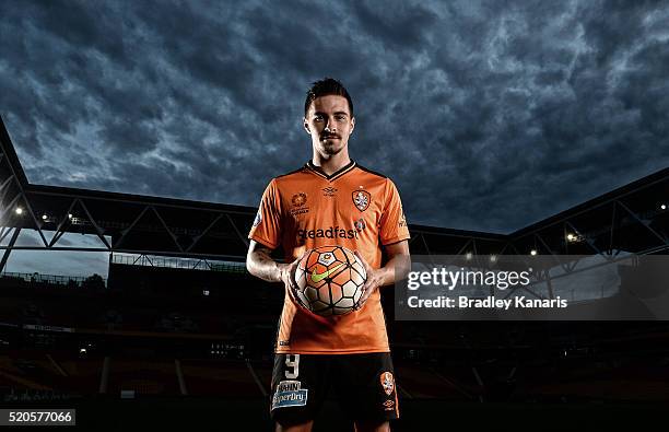 Brisbane Roar player Jamie Maclaren poses during a portrait session at Suncorp Stadium on April 12, 2016 in Brisbane, Australia.