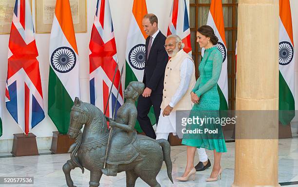 Catherine, Duchess of Cambridge and Prince William, Duke of Cambridge meet Prime Minister of India Narenda Modi in New Delhi's Hyderabad House on...