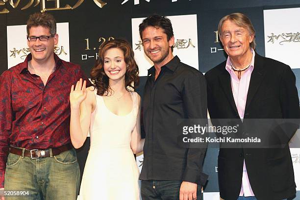 Executive producer Austin Shaw, actress Emmy Rossum, actors Gerard Butler and film director Joel Schumacher attend a press conference to promote...