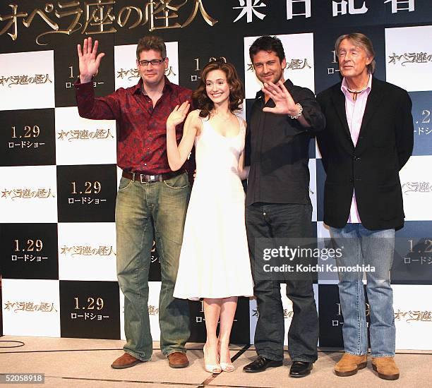 Executive producer Austin Shaw, actress Emmy Rossum, actors Gerard Butler and film director Joel Schumacher attend a press conference to promote...