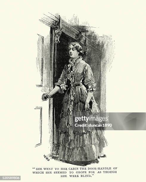 victorian lady opening a door - woman front door stock illustrations