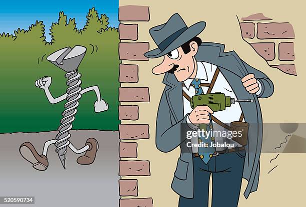 detective chasing suspected screw - cordless drill stock illustrations