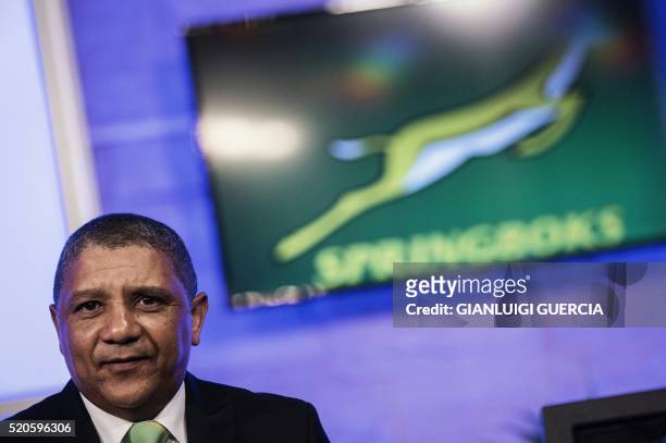 Newly appointed Springboks coach Allister Coetzee arrives gives a press conference following his appointment on April 12, 2016 in Johannesburg. -...