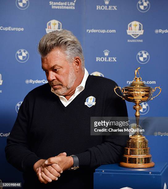 European Ryder Cup captain Darren Clarke holds a press conference at Royal Portrush golf club as part of the Ryder Cup Trophy Tour launch on April...