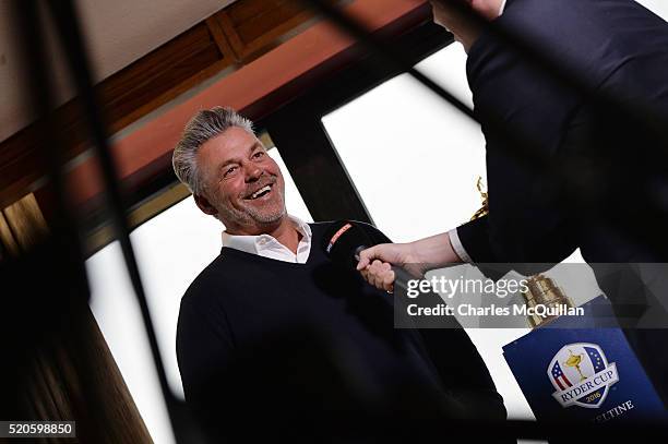 European Ryder Cup captain Darren Clarke holds a press conference at Royal Portrush golf club as part of the Ryder Cup Trophy Tour launch on April...