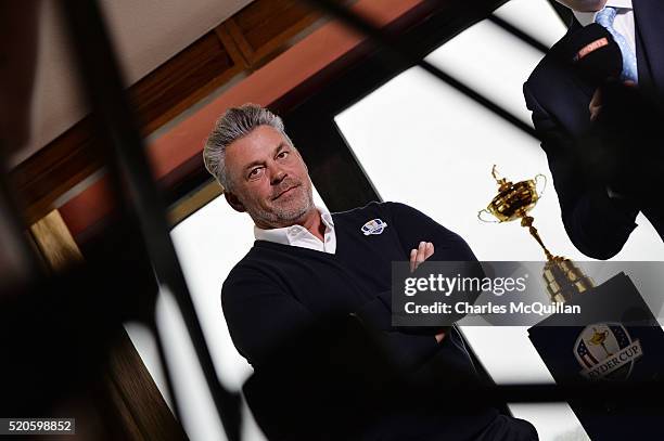 European Ryder Cup captain Darren Clarke holds a press conference at Royal Portrush golf club as part of the Ryder Cup Trophy Tour launch on April...