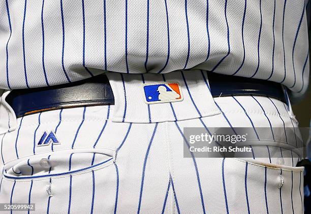 The MLB logo is now on the back belt loop of pants worn by Major League players made by Majestic during a game between the Philadelphia Phillies and...