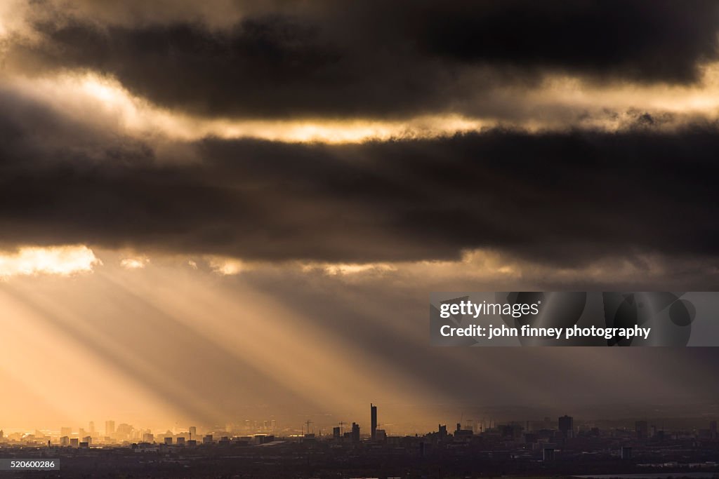 Manchester under a moody sky. North west England. UK. Europe.