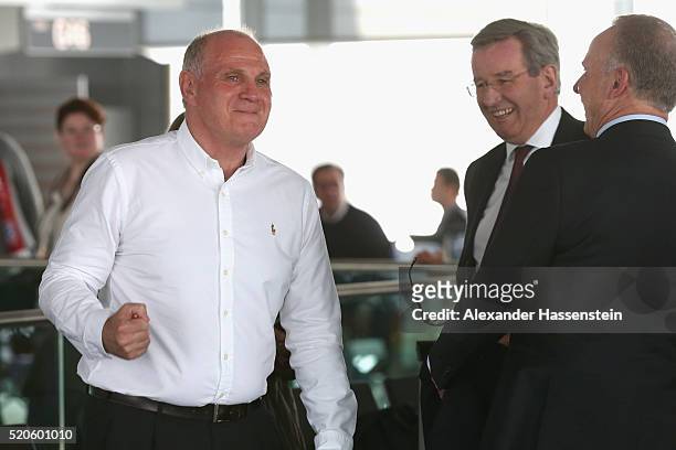 Uli Honess jokes with Karl Hopfner , President of Bayern Muenchen and Karl-Heinz Rummenigge, CEO of Bayern Muenchen at Munich International Airport...