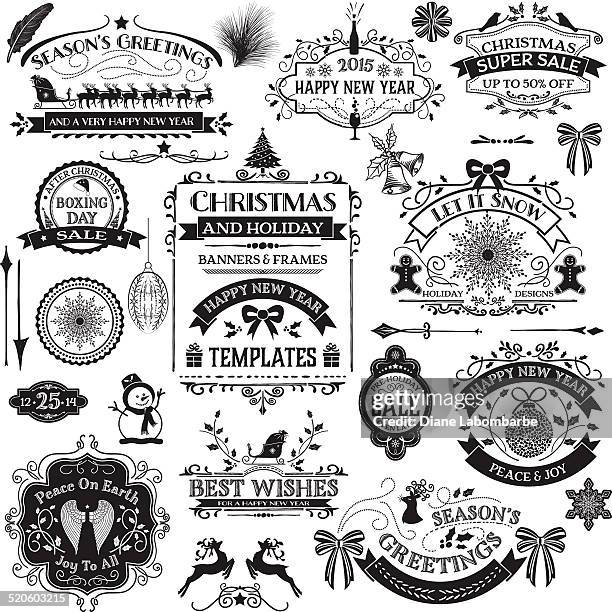 hand drawn christmas ornaments & labels - black and white christmas stock illustrations