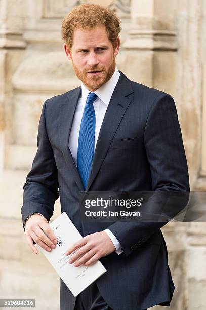 Prince Harry departs after the service of commemoration for the victims of the 2015 terrorist attacks In Tunisia at Westminster Abbey on April 12,...